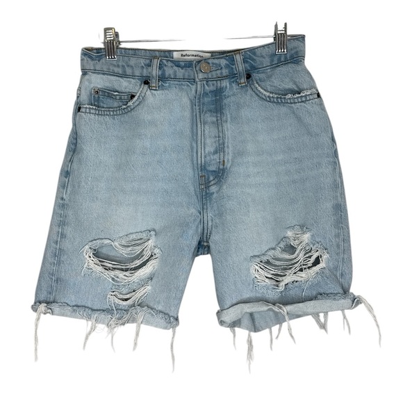 Reformation Women's Blue Distressed Jean Shorts High-Waisted Size 24 - Picture 1 of 7